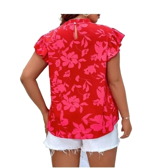 Shein Curve Pink & Red Floral Top Ruffled Neck & Sleeve 4X - Picture 2 of 9